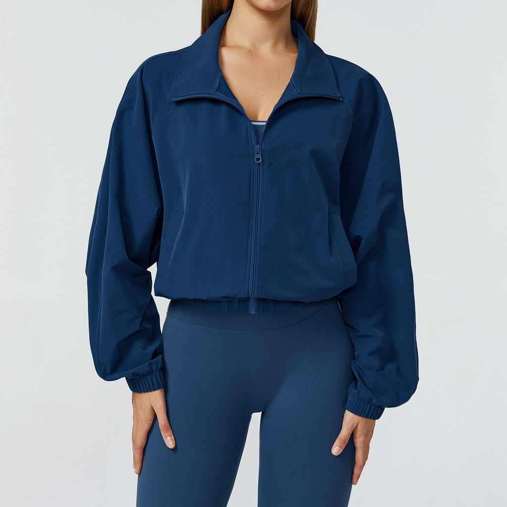 Damen Trainingsjacke navy cropped mit Reißverschluss